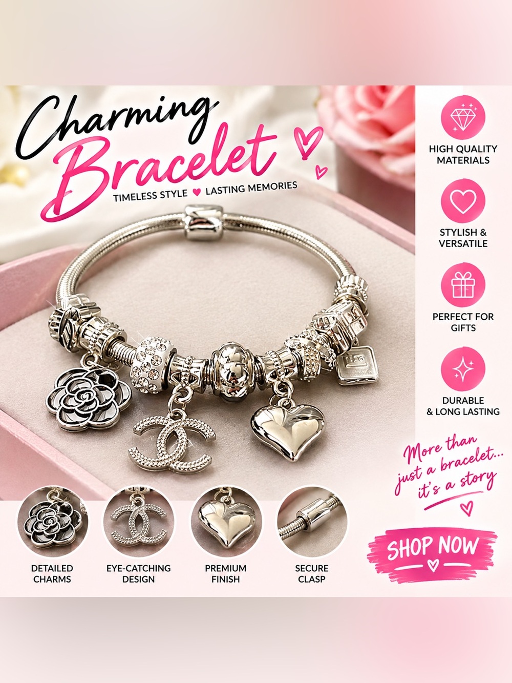 ✨ NEW ✨ Silver Heart & Charm Bracelet ✨